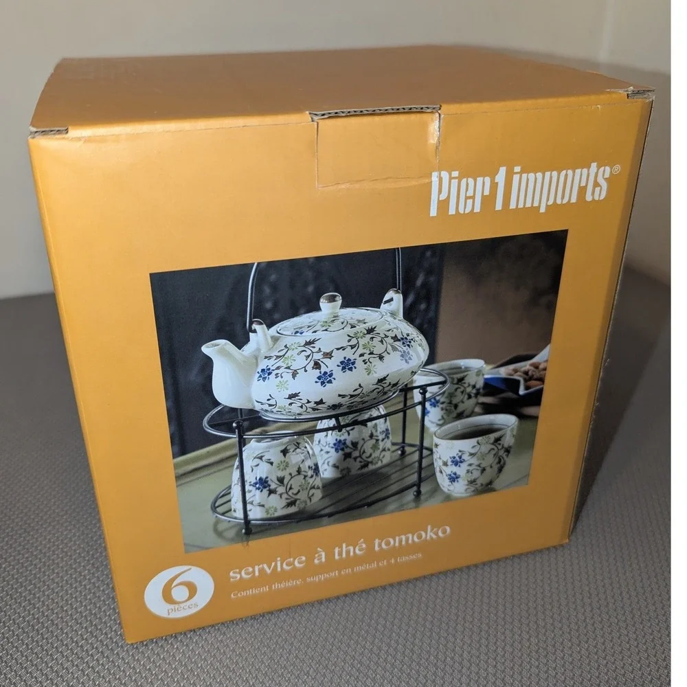 Pier 1 Imports Tomoko 6 Piece Tea Set Floral Ceramic Teapot 4 Cups Metal Stand
